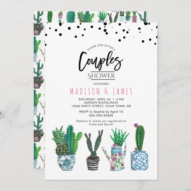 Modern Green Cactus & Dots | Couples Shower Invitation (Front/Back)