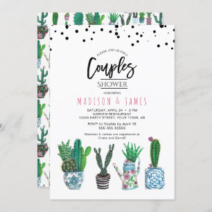 Modern Green Cactus & Dots   Couples Shower Invitation