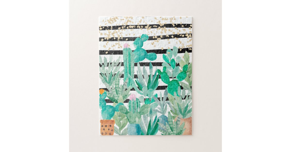 Modern Green Cactus Watercolor Strips Gold Glitter Jigsaw Puzzle