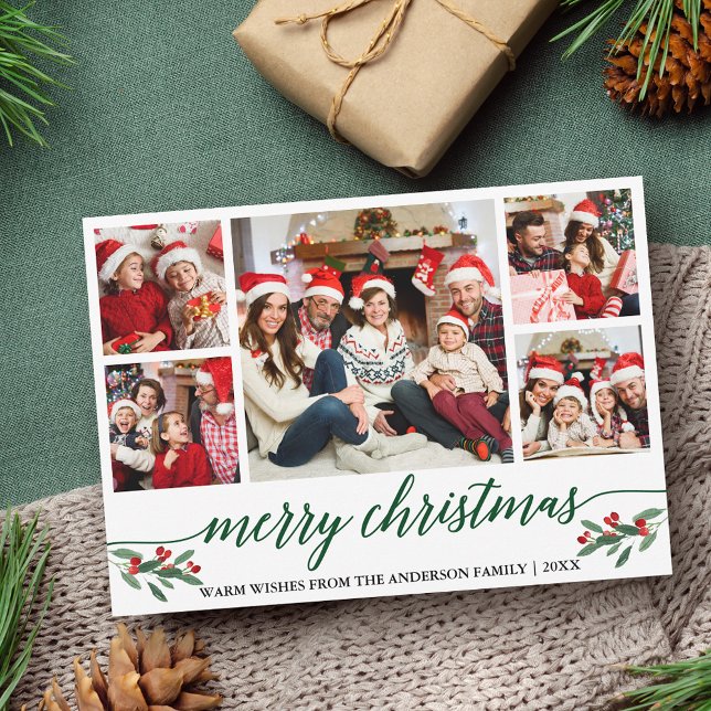Modern Green Calligraphy 5 Photo Family Christmas Holiday Card (Customize to add text to back of card.)