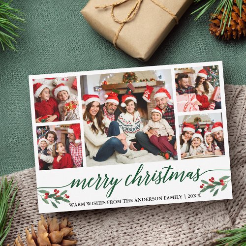 Modern Green Calligraphy 5 Photo Family Christmas Holiday Card