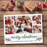 Modern Green Calligraphy 5 Photo Family Christmas Postcard<br><div class="desc">Modern Calligraphy Script 5 Photo Family Photo Collage Merry Christmas Postcard includes Watercolor Christmas Holly Berries - Green Script</div>