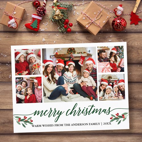 Modern Green Calligraphy 5 Photo Family Christmas Postcard