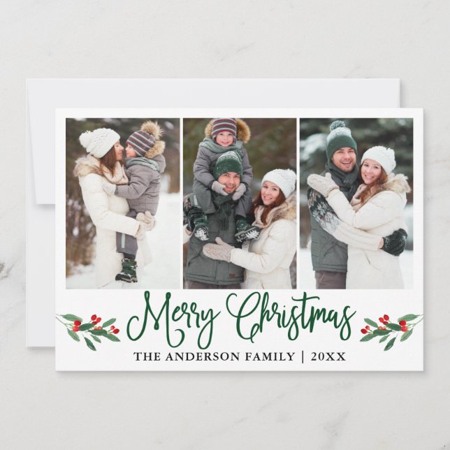 Modern Green Calligraphy Christmas Holly 3 Photo Holiday Card (Front)