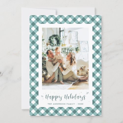 Modern Green Calligraphy Plaid Photo Holiday Card