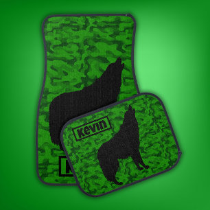 Modern Green Camo Black Wolf Silhouette Monogram Car Floor Mat