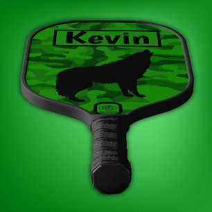 Modern Green Camo Black Wolf Silhouette Monogram Carbon Fiber Pickleball Paddle