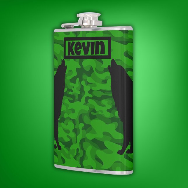 Modern Green Camo Black Wolf Silhouette Monogram | Flask (Creator Uploaded)