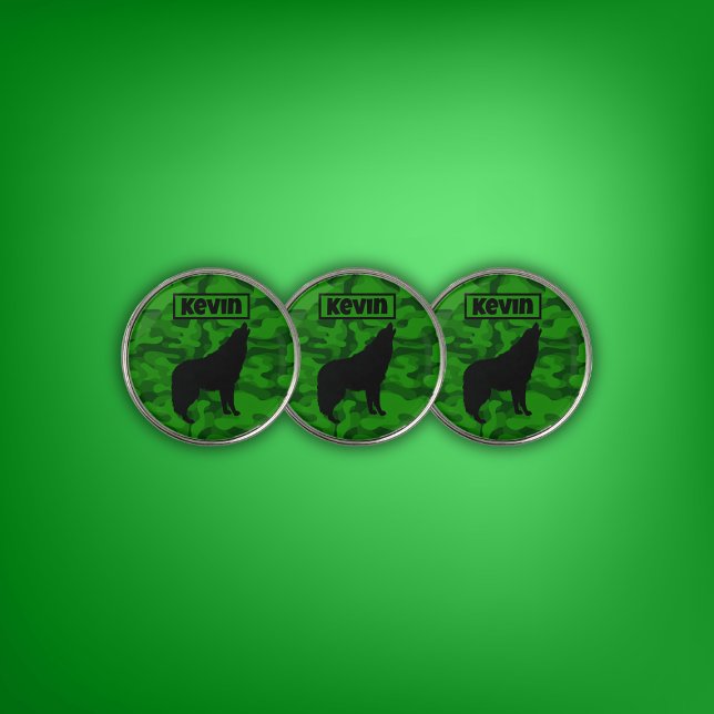 Modern Green Camo Black Wolf Silhouette Monogram | Golf Ball Marker (Creator Uploaded)