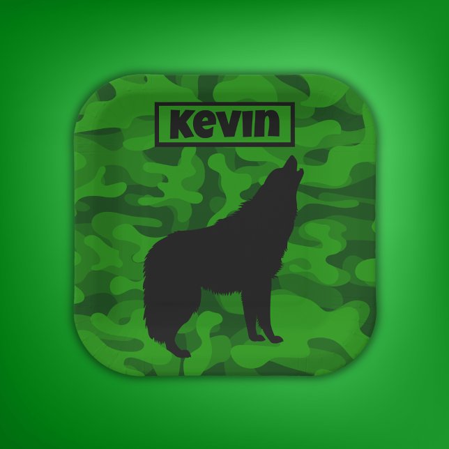 Modern Green Camo Black Wolf Silhouette Monogram | Paper Plates (Creator Uploaded)