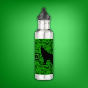Modern Green Camo Black Wolf Silhouette Monogram Stainless Steel Water Bottle
