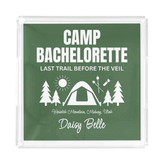 Modern Green Camp Bachelorette Weekend Acrylic Tray (Front)