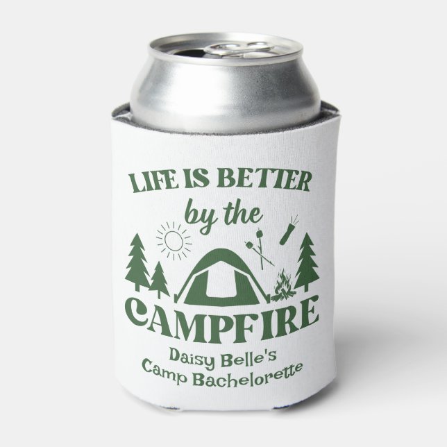 Modern Green Camp Bachelorette Weekend Can Cooler (Can Front)
