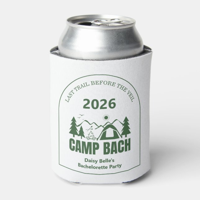 Modern Green Camp Bachelorette Weekend Can Cooler (Can Front)