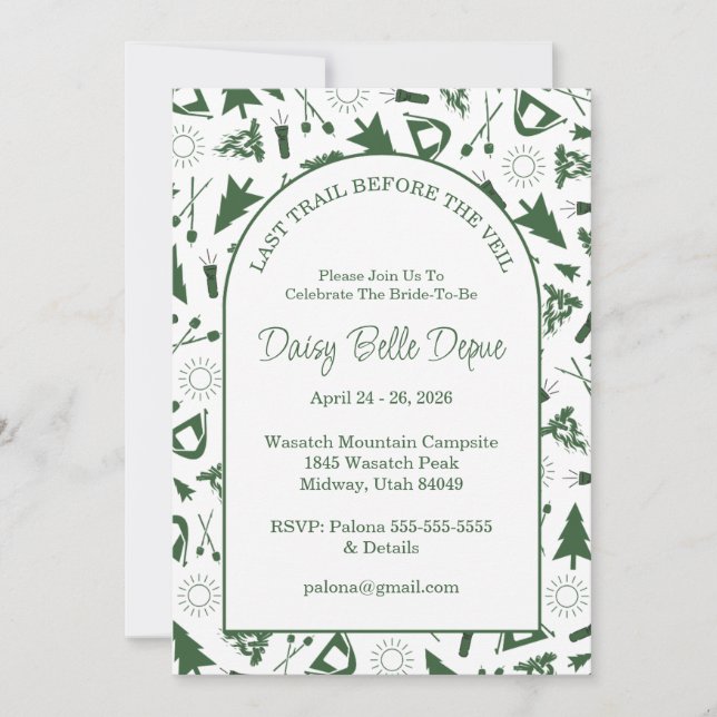 Modern Green Camp Bachelorette Weekend Invitation (Front)