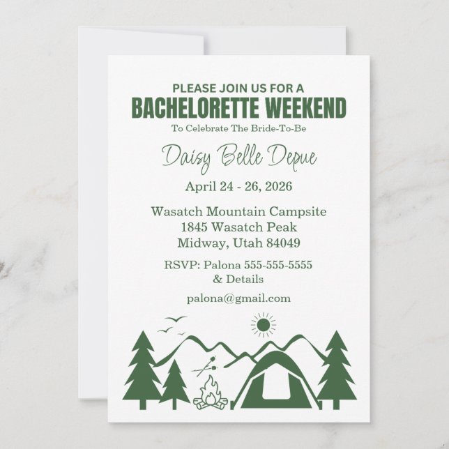Modern Green Camp Bachelorette Weekend Invitation (Front)