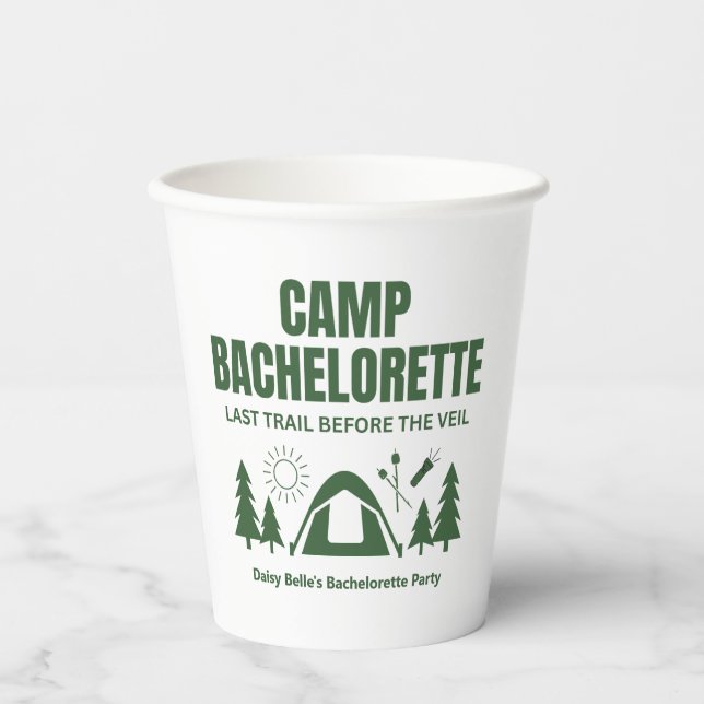 Modern Green Camp Bachelorette Weekend Paper Cups (Front)