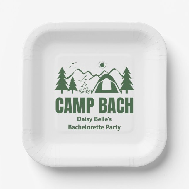 Modern Green Camp Bachelorette Weekend Paper Plates (Front)