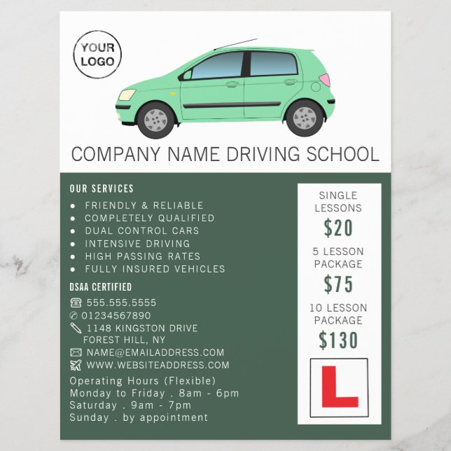 Modern Green Car, Driving School, Instructor Flyer (Front)