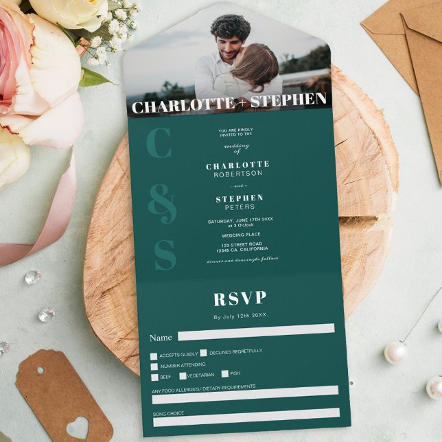 Modern green casual initials photo wedding all in one invitation (Creator Uploaded)