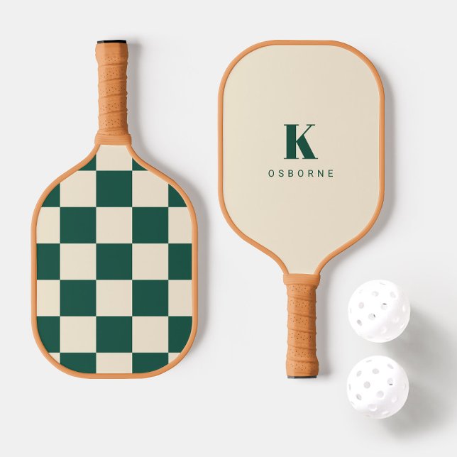 modern Green Checker Monogram Pickleball Paddle (Creator Uploaded)