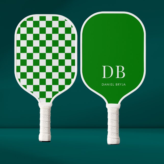 Modern Green Checkered Monogram Pickleball Paddle (Creator Uploaded)