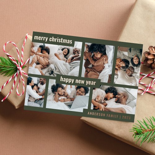 Modern Green Christmas New Year Six Photo Collage Foil Holiday Card