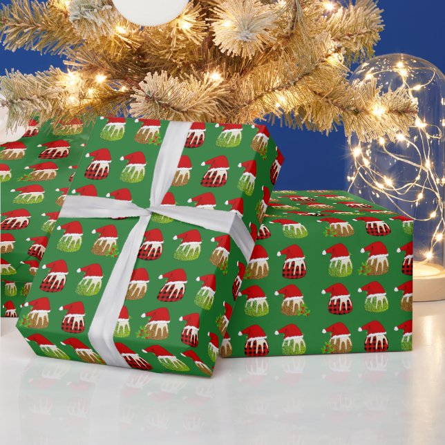 Modern Green Christmas Santa Puddings Wrapping Paper (Holidays)