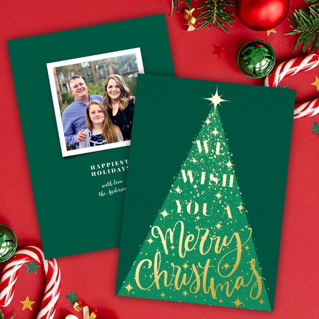 Modern Green Christmas Tree Photo Gold Foil Holiday Card (Creator Uploaded)