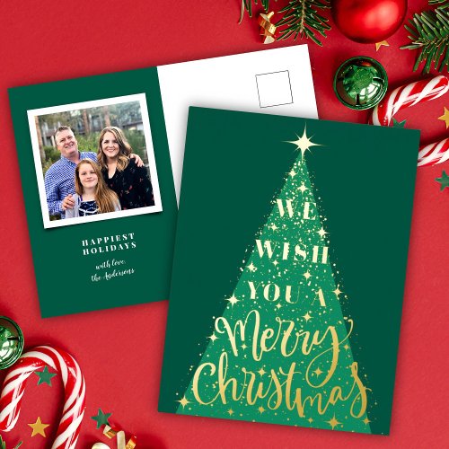 Modern Green Christmas Tree Photo Gold Foil Holiday Postcard