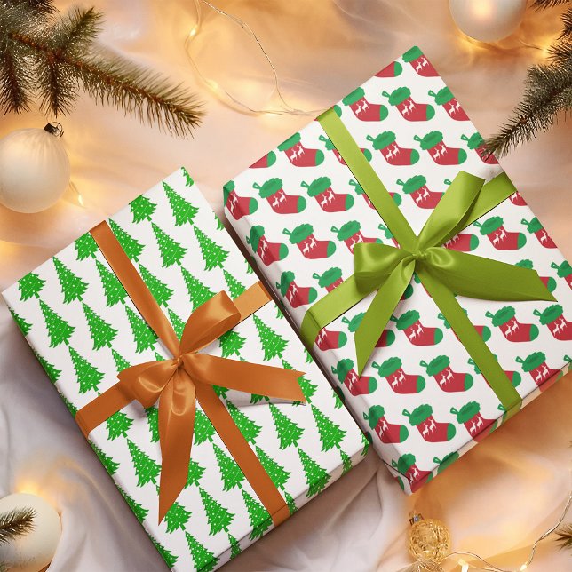 Modern Green Christmas Tree Stocking Holly Wrapping Paper Sheets (Creator Uploaded)
