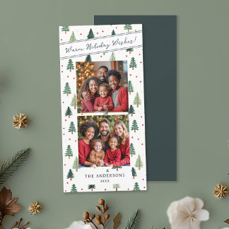 Modern Green Christmas Trees 2 Family Photo Wishes Holiday Card