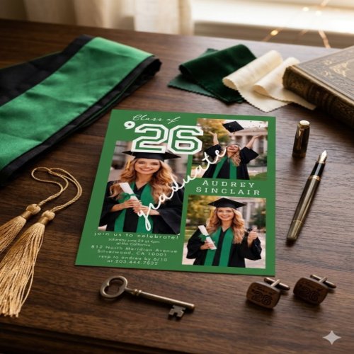 Modern Green Class of 2026 3-Photo Graduation Invitation