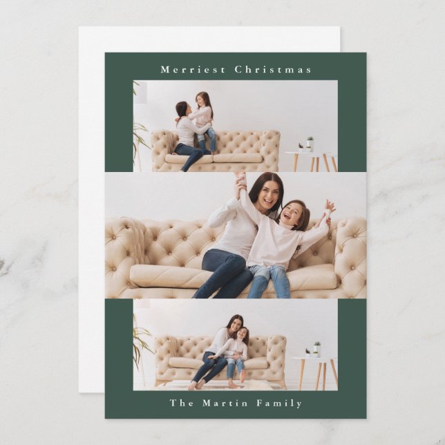 Modern Green Collage with Three Photos Holiday Card (Front/Back)