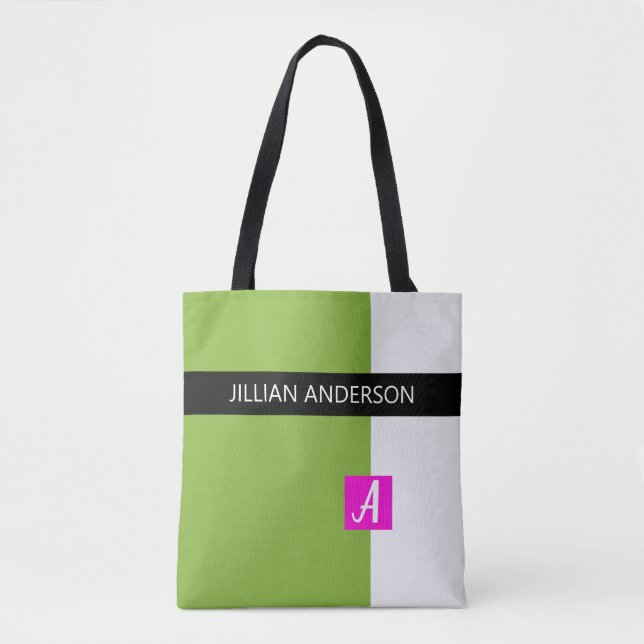 Modern Green Color Blocked Monogrammed Tote Bag (Front)