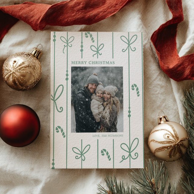 Modern Green Coquette Bow Ribbon Christmas Photo Letterpress Photo Cards (Modern Green Coquette Bow Ribbon Christmas Photo Letterpress Photo Cards)