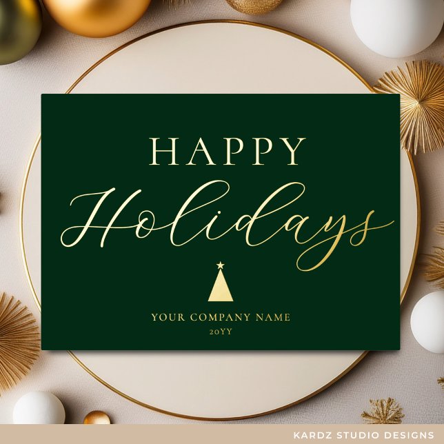 Modern Green Corporate Holiday Gold Foil Card (Holiday Card  shown in 5 x 7 inches. Personalize with text, logo, message, and foli color.)