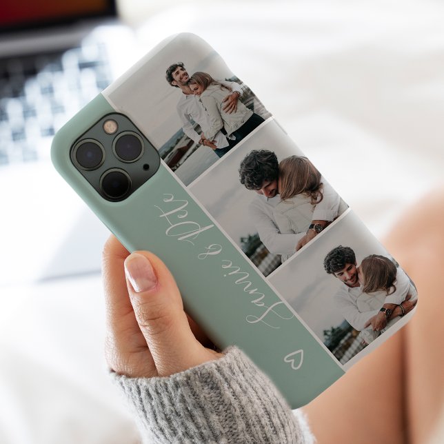 Modern green couple names 3 photos collage grid Case-Mate iPhone case (Creator Uploaded)