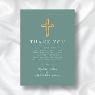 Modern Green Cross Baptism Thank You Card