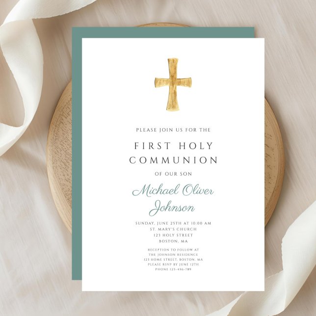 Modern Green Cross Boy First Holy Communion Invitation (Modern Green Cross Boy First Holy Communion Invitation )