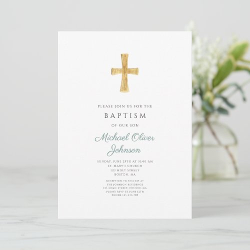 Modern Green Cross Religious Boy Baptism Invitation
