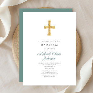 Modern Green Cross Religious Boy Baptism Invitation