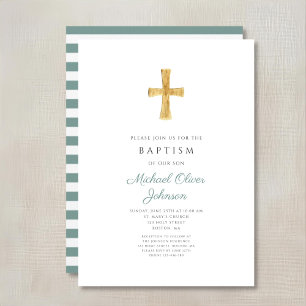 Modern Green Cross Religious Boy Baptism Invitation