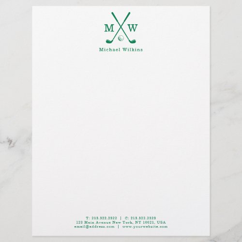 Modern Green Crossed Golf Club Ball Monogram Letterhead