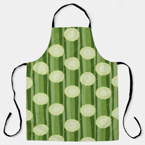 Modern Green Cucumber Slice Pattern on Stripes Apron