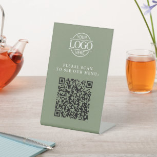 Modern Green Custom Business Logo QR Code Menu Pedestal Sign