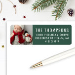 Modern Green Custom Christmas Photo Address Label<br><div class="desc">A rich green background pairs with crisp white serif caps for the family name on this modern Christmas photo return address label. Add a custom holiday photo on the left for a sophisticated,  festive finishing touch on your seasonal mailings. The photo,  name,  and address are easy to personalize.</div>