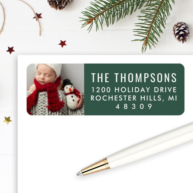 Modern Green Custom Christmas Photo Return Address Label (Creator Uploaded)