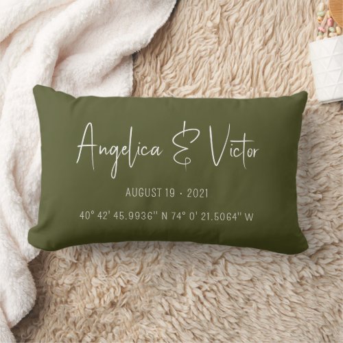 Modern Green Custom Coordinates Wedding Date Lumbar Pillow
