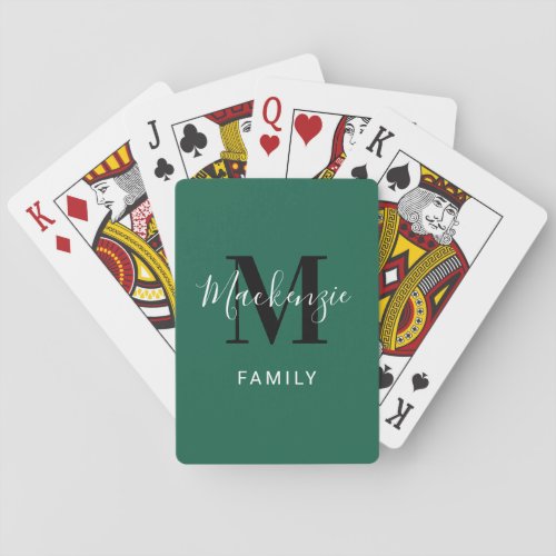 Modern Green Custom Family Monogram Initial Poker Cards